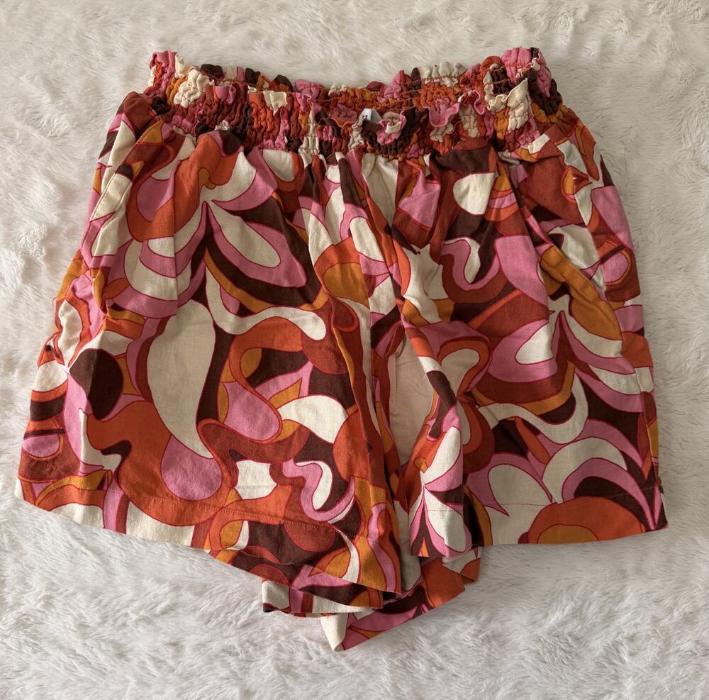 Ava & Viv Womens 1X Pink Orange Retro Psychedelic Linen Blend Smocked Shorts